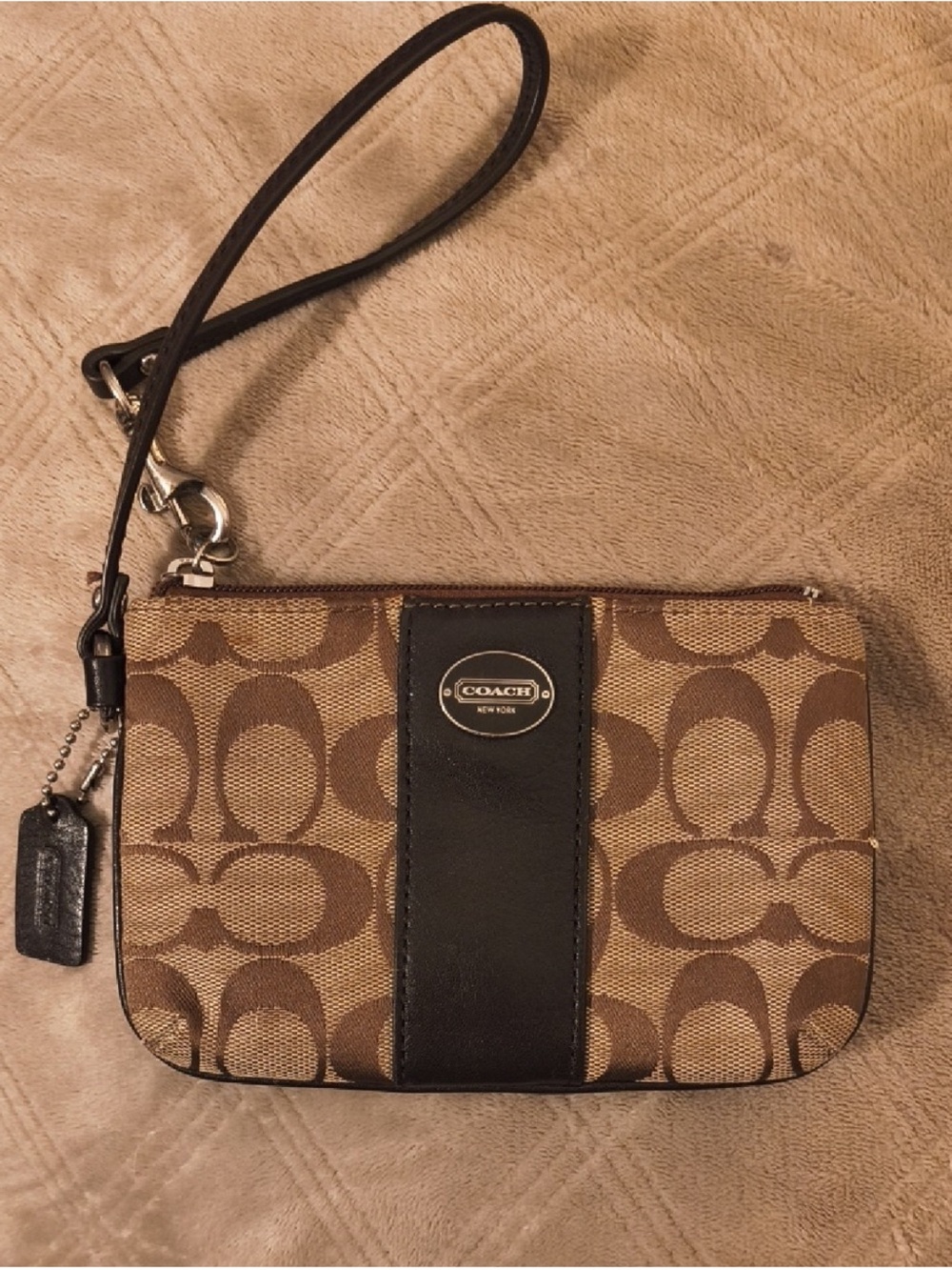 Coach Brown Signature Canvas Wristlet with Brown Leather Accent